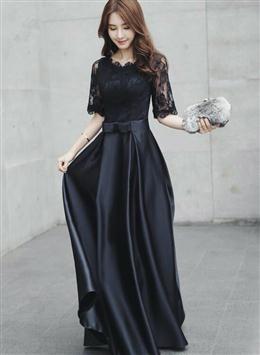 Picture of Black Color Satin with Lace Short Sleeves Long A-line Wedding Party Dresses, Black Color Formal Dresses